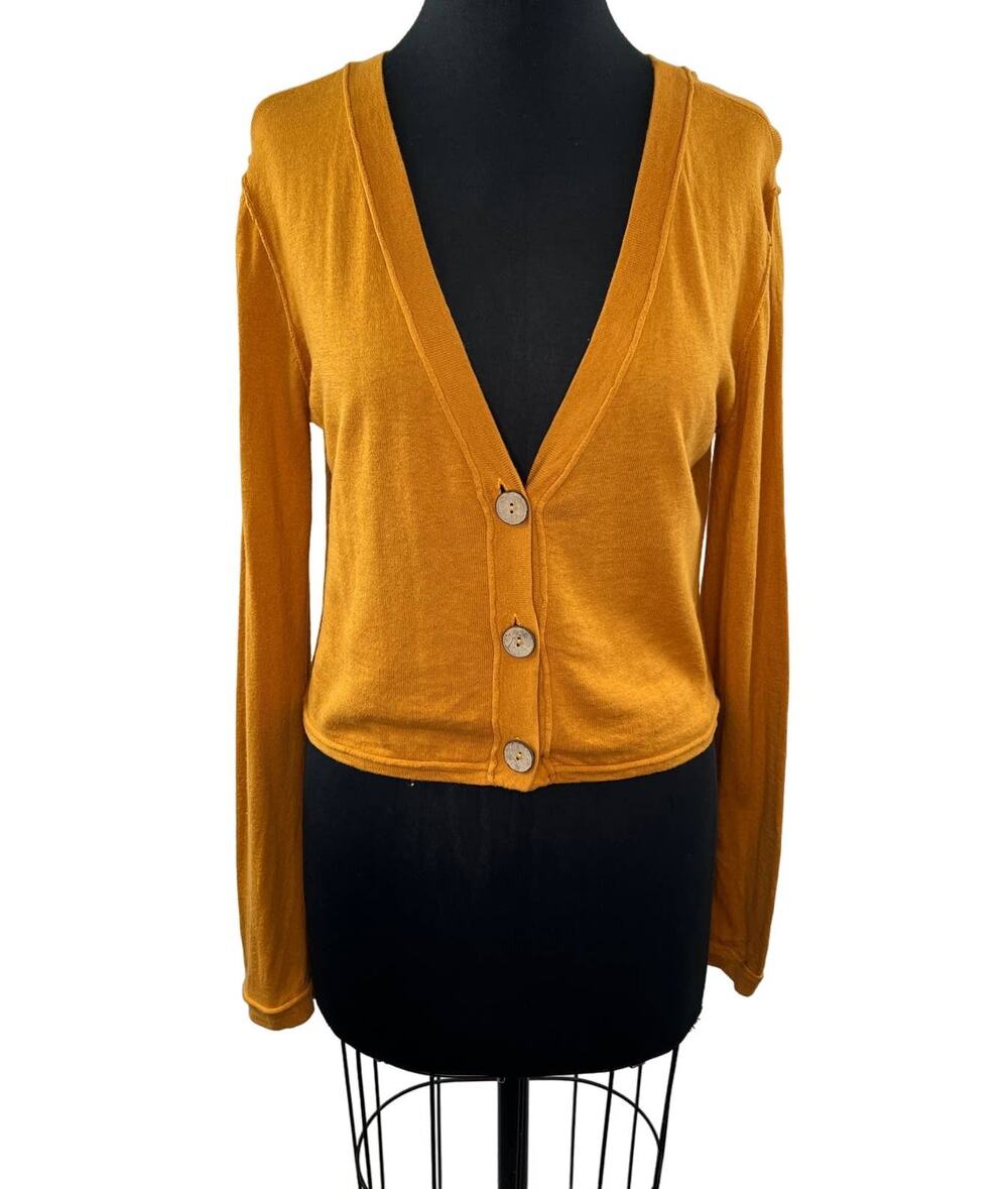 FREE PEOPLE Yellow Gold Button-Up Cardigan Sweater V-Neck Relaxed Long Sleeve S